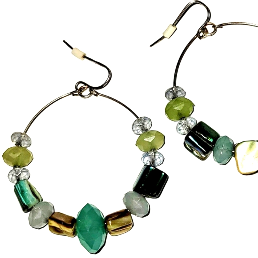 Beaded Hoop Earrings in Silver-tone, Boho Chic, Beachy Vibe EUC